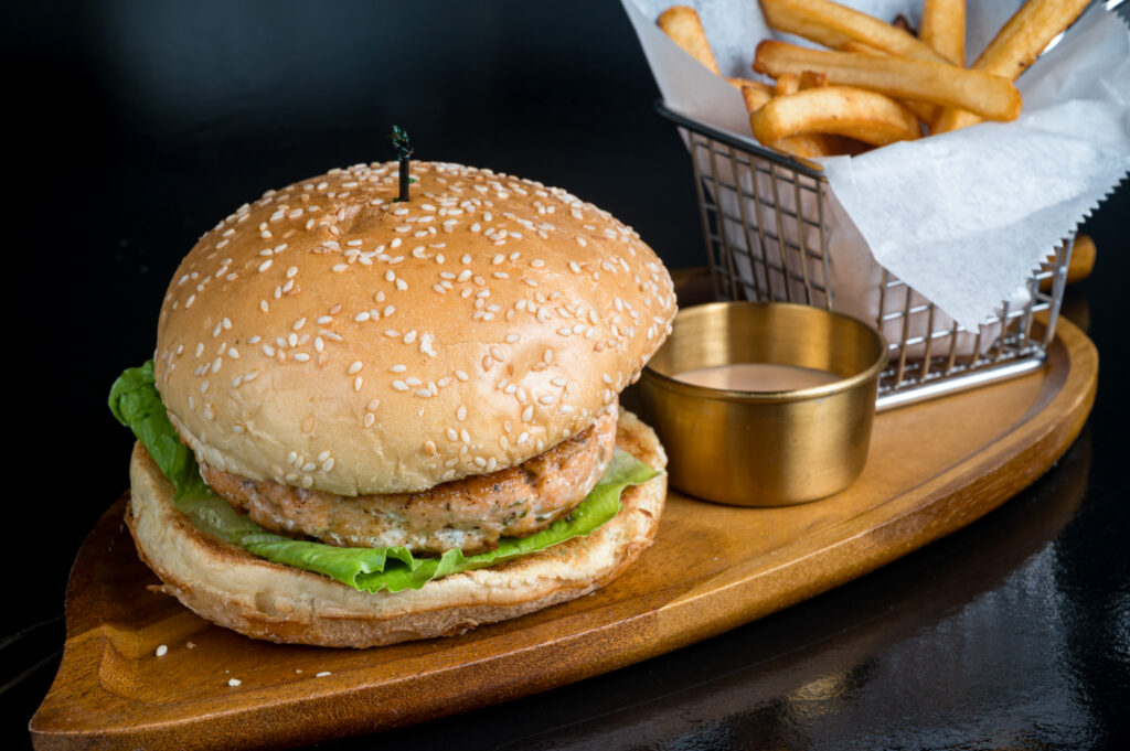 Salmon Burger **Photo Name:** Salmon Burger Kosher Restaurant Miami Beach Miris Cafe Restaurant