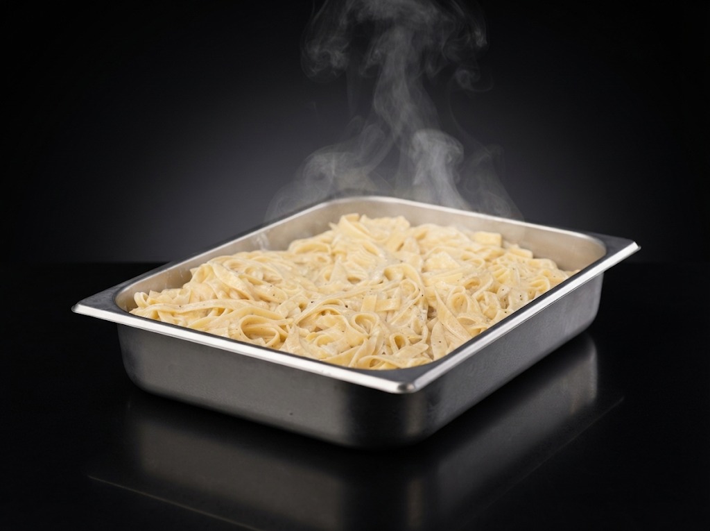 Kosher Fettuccine Alfredo pasta catering pan from Miri's Cafe in Miami Beach