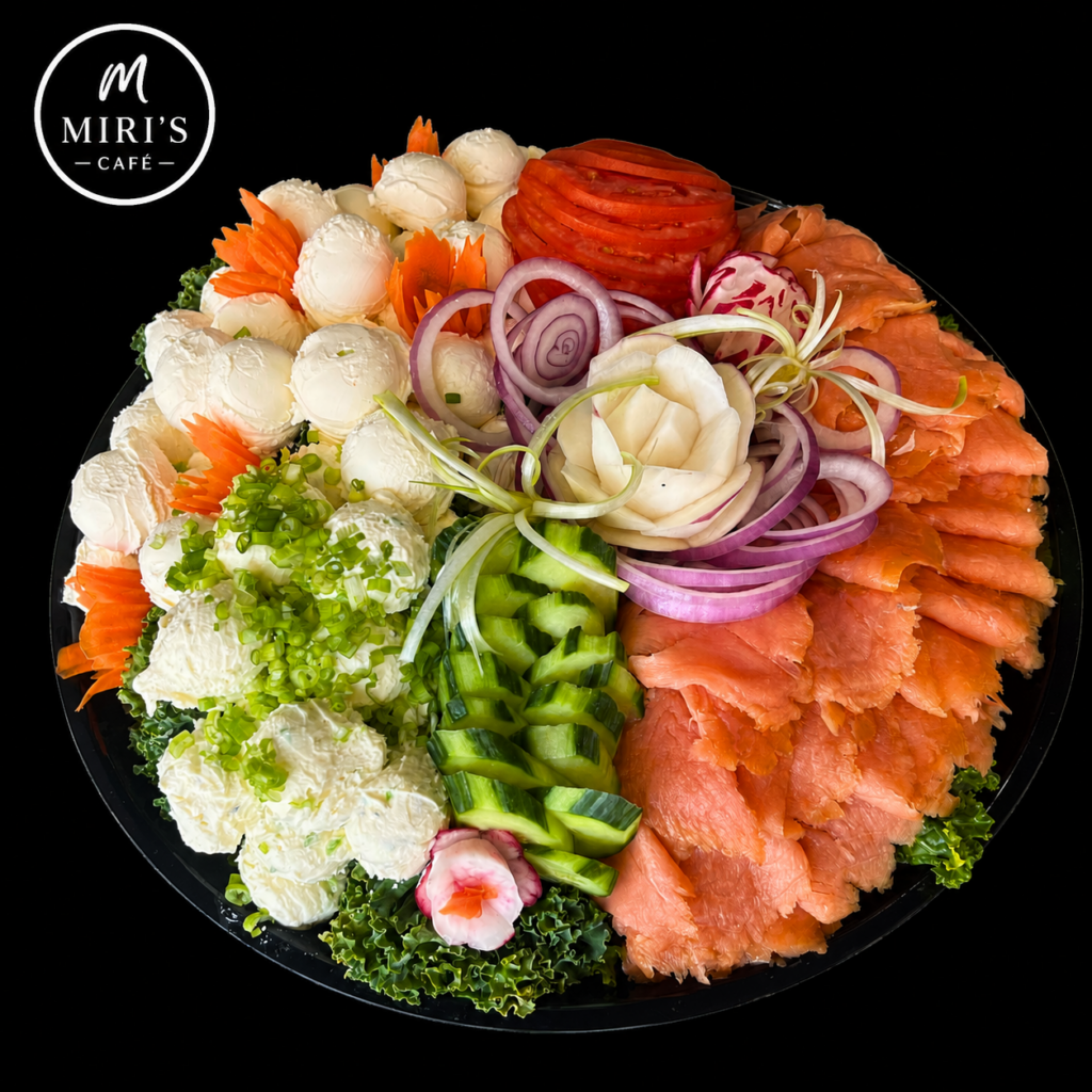 Nova lox cream cheese and fresh vegetable catering platter from Miri's Cafe in Miami Beach