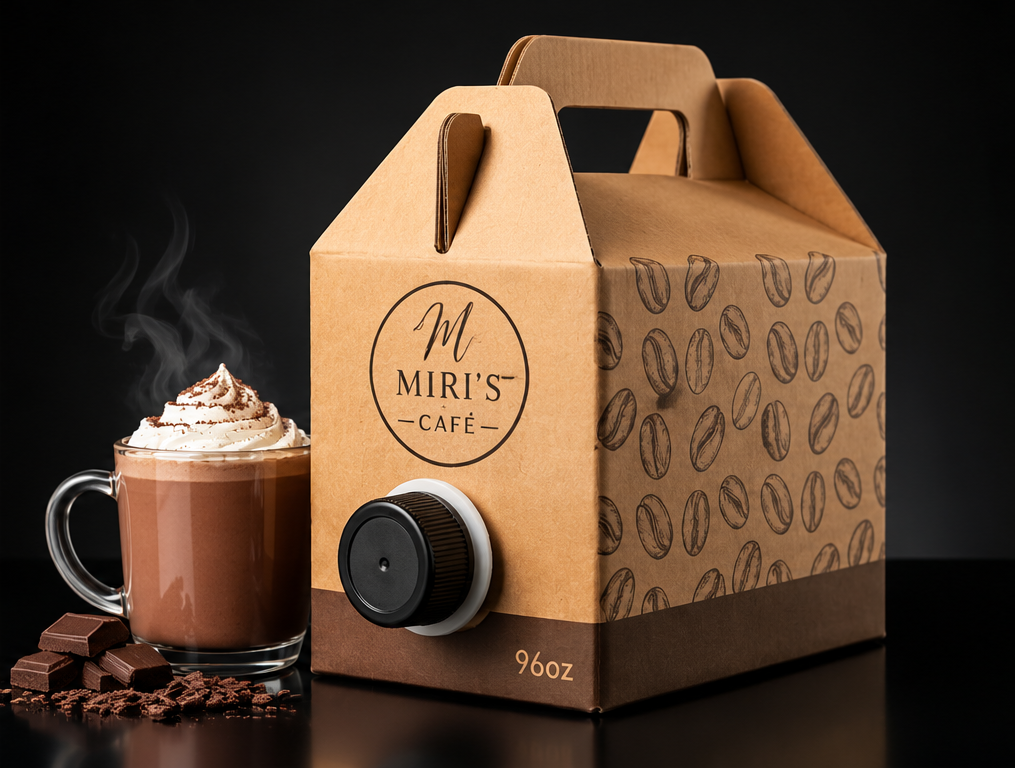 Miri’s Café 96oz hot chocolate catering box beside a glass mug of hot chocolate topped with whipped cream.