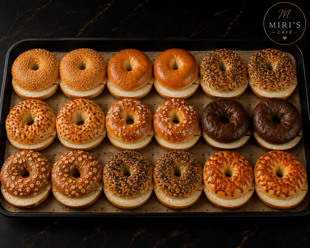 Pre sliced dozen assorted kosher bagels for catering from Miri's Cafe in Miami Beach