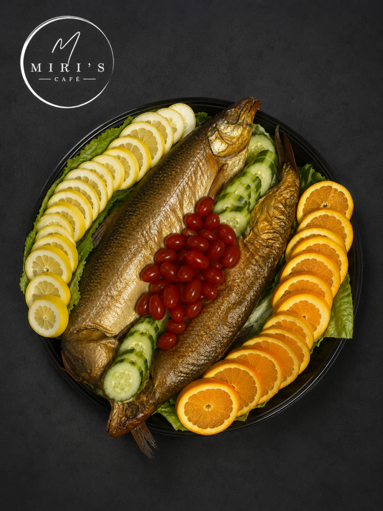 Whole whitefish platter with fresh vegetables for kosher catering from Miri's Cafe in Miami Beach